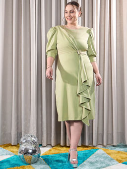 KASSUALLY - Olive Ruched Sleeves Ruffled Sheath Midi Dress