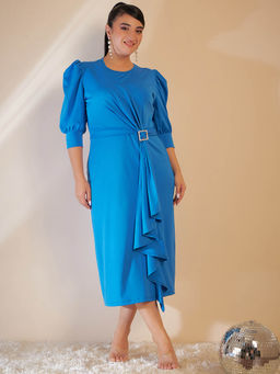 KASSUALLY - Blue Ruched Sleeves Ruffled Sheath Midi Dress