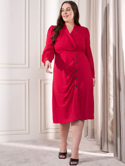 KASSUALLY - Red Puff Sleeves Gathered or Pleated Sheath Midi Dress
