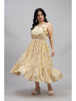 Curvy Lane - Ethnic Motifs Printed Shoulder Straps Gathered Detail Fit and Flare Midi Dress