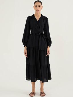 Femmella - Black Smocking Detailed Tiered Midi Dress (Set of 2)