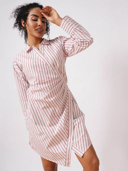 Globus - Women Pink Shirt Style Cuffed Sleeve Pin Striped Workwear Wrap Dress