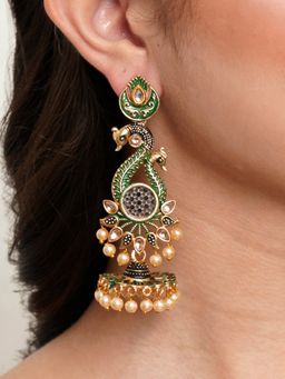 Karatcart - Antique Gold Plated Kundan Studded Green Meena Peacock with Flat Jhumki Dangler Earrings