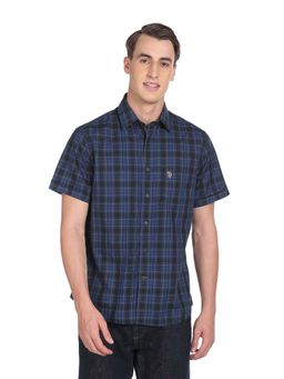 U.S. POLO ASSN. - Men Blue Spread Collar Short Sleeve Casual Shirt