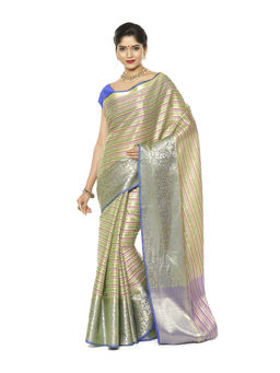 Banarasi Silk Works - Green & Pink Stripe Zari Kanchi Silk Tanchoi Pattu Saree with Unstitched Blouse
