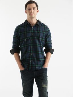 WROGN - Blue Checks Hooded Casual Shirt