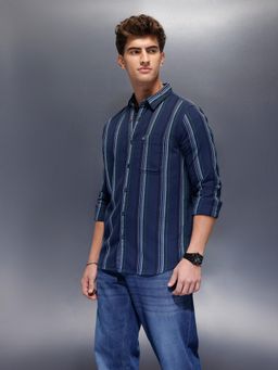 WROGN - Navy Blue Stripes Collar Neck Casual Shirt