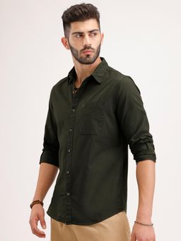 WROGN - Olive Solid/Plain Collar Neck Casual Shirt
