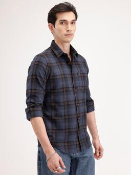 WROGN - Navy Blue Checks Collar Neck Casual Shirt