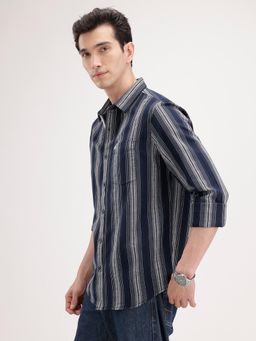 WROGN - Navy Blue Stripes Collar Neck Casual Shirt