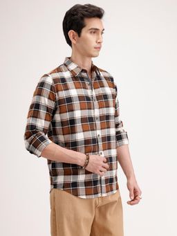 WROGN - Brown Checks Collar Neck Casual Shirt