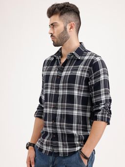 WROGN - Navy Blue Checks Collar Neck Casual Shirt