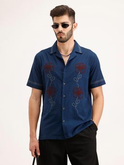 WROGN - Blue Embroidered Collar Neck Casual Shirt