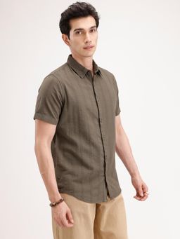 WROGN - Olive Textured Collar Neck Casual Shirt