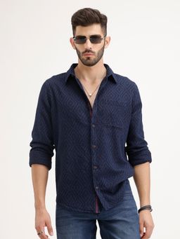 WROGN - Navy Blue Textured Collar Neck Casual Shirt