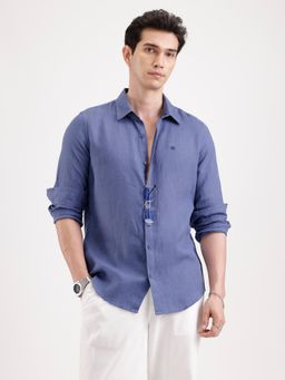 WROGN - Navy Blue Solid/Plain Collar Neck Casual Shirt
