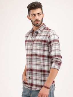 WROGN - Maroon Checks Collar Neck Casual Shirt