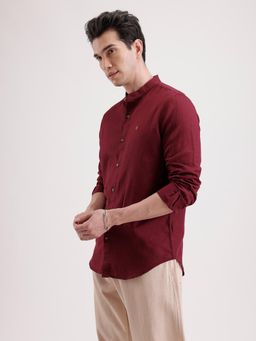 WROGN - Wine Solid/Plain Mandarin Neck Casual Shirt