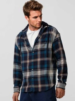 WROGN - Navy Blue Checks Hooded Casual Shirt