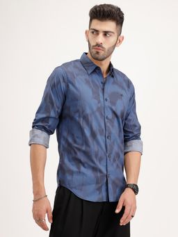 WROGN - Navy Blue Printed Collar Neck Casual Shirt