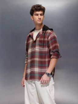 WROGN - Maroon Checks Hooded Casual Shirt