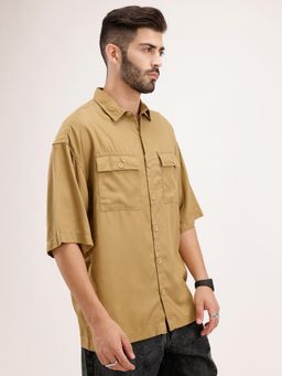 WROGN - Khaki Solid/Plain Collar Neck Casual Shirt