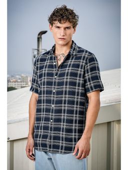 WROGN - Navy Blue Checks Collar Neck Casual Shirt