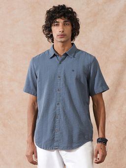 WROGN - Blue Textured Collar Neck Casual Shirt