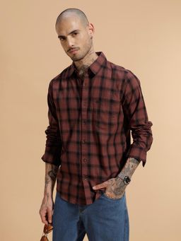 WROGN - Brown Checks Collar Neck Casual Shirt