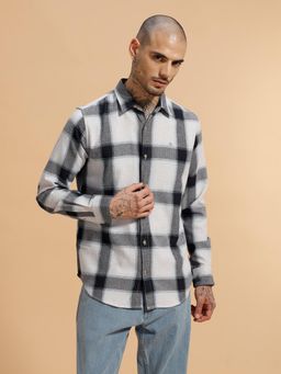 WROGN - Navy Blue Checks Collar Neck Casual Shirt