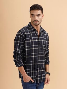 WROGN - Navy Blue Checks Collar Neck Casual Shirt