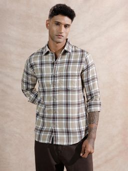 WROGN - Beige Checks Collar Neck Casual Shirt