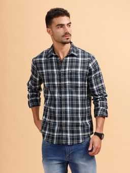WROGN - Navy Blue Checks Collar Neck Casual Shirt
