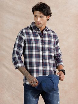 WROGN - Navy Blue Checks Collar Neck Casual Shirt