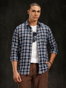 WROGN - Navy Blue Checks Collar Neck Casual Shirt