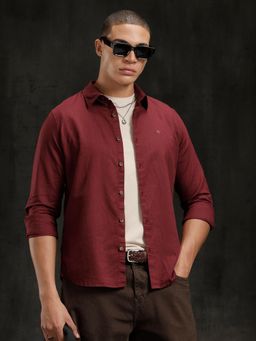 WROGN - Maroon Solid/Plain Collar Neck Casual Shirt