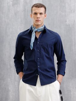 WROGN - Blue Solid/Plain Collar Neck Casual Shirt