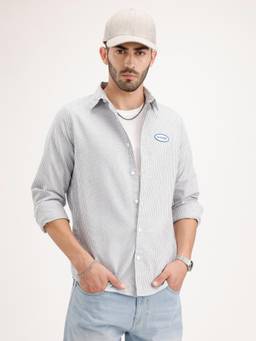 WROGN - Grey Stripes Collar Neck Casual Shirt