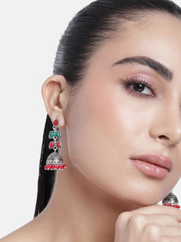 Estele - Rhodium Plated Oxidised Gorgeous Jhumka Earrings with Red & Green Enamel for Women