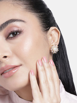 Estele - Gold Plated CZ Shining Flower Stud Earrings with Pearl for Women