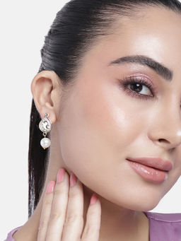 Estele - Gold Plated Leafy Pearl Drop Earrings with Austrian Crystals for Women