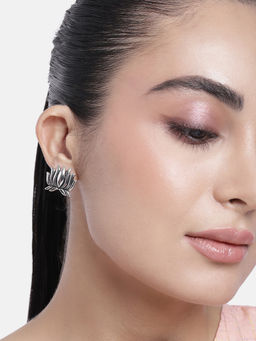 Estele - Rhodium Plated Lotus Oxidised Stud Earrings for Women