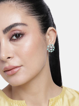 Estele - Rhodium Plated Flower Shaped Blue Meenakari Kundan Stud Earrings for Women