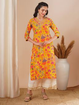 FASHOR - Ethnic Floral Foil Printed & Embroidered Kurta - Yellow