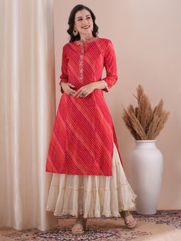FASHOR - Leheriya Foil Printed & Embroidered Kurta - Red