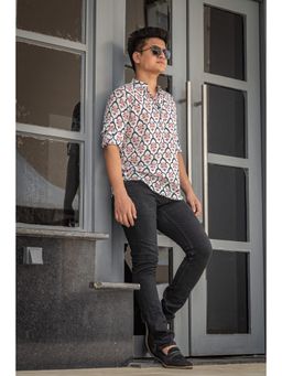 JAVINISHKA - Off White & Blue Ethnic Motifs Hand Block Printed Short Kurta