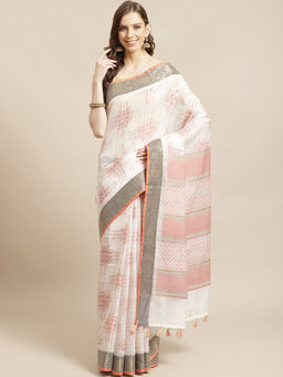 Indethnic - Banarasi White Woven Design Daily Wear Saree With Unstitched Blouse