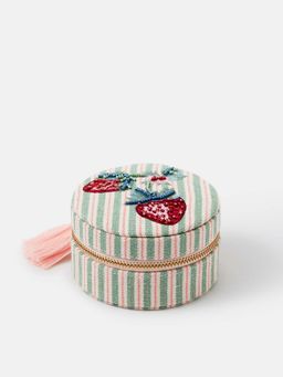 Accessorize London - Women's Round Strawberry Embroidered Travel Jewellery Box