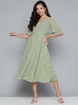 Jompers - Floral Print Flared Midi Green Dress