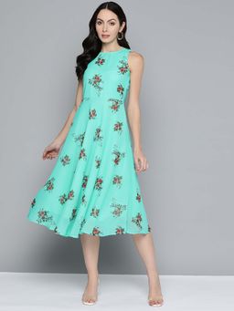 Jompers - Printed Floral Flared Midi Blue Dress